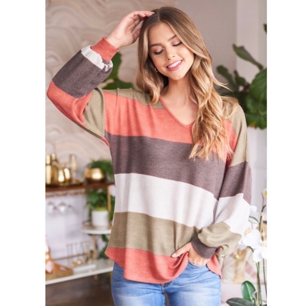 ❤️V Neck Multicolor Rust Striped Puff Sleeve Top❤️
